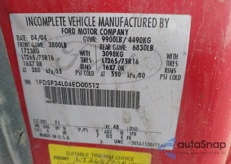 2004 Ford F-350 Xl/Xlt z USA, uszkodzony, nr VIN 1FDSF34L04ED00512